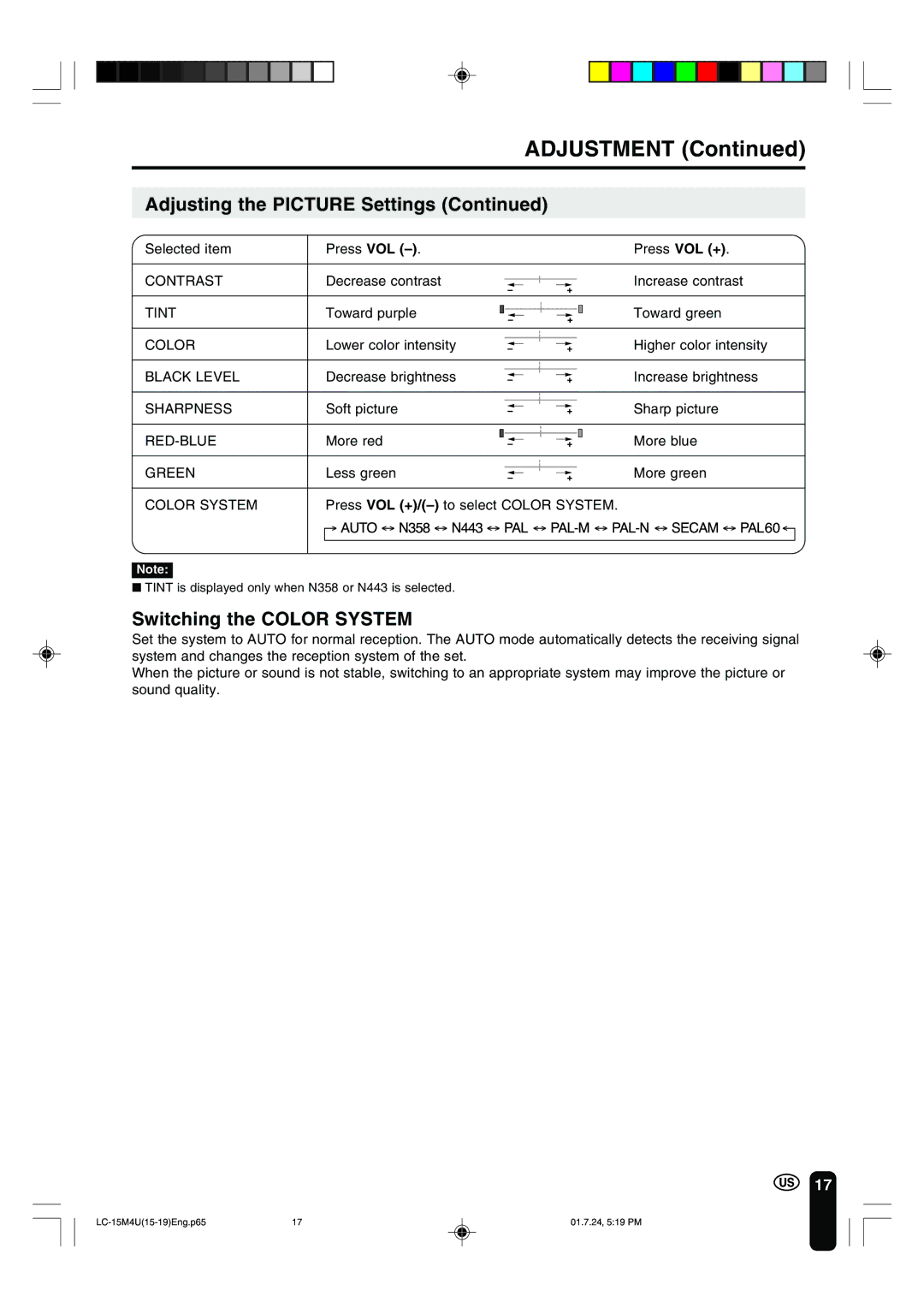 Sharp LC-15M4U operation manual Switching the Color System 