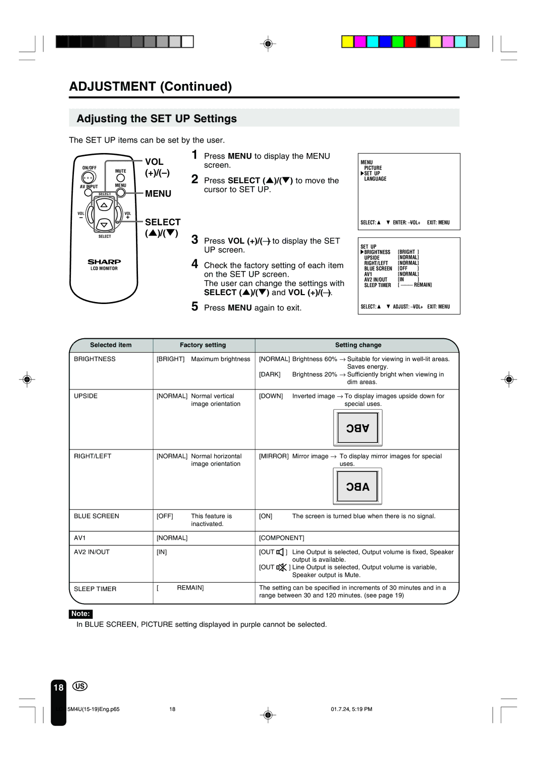 Sharp LC-15M4U operation manual Adjusting the SET UP Settings, Selected item Factory setting Setting change 