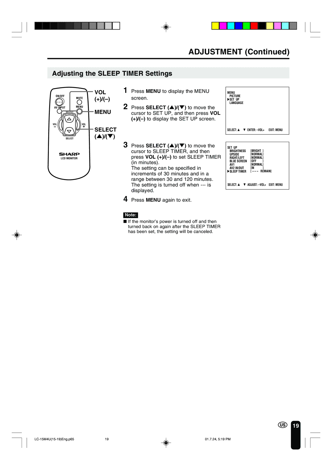 Sharp LC-15M4U operation manual Adjusting the Sleep Timer Settings 