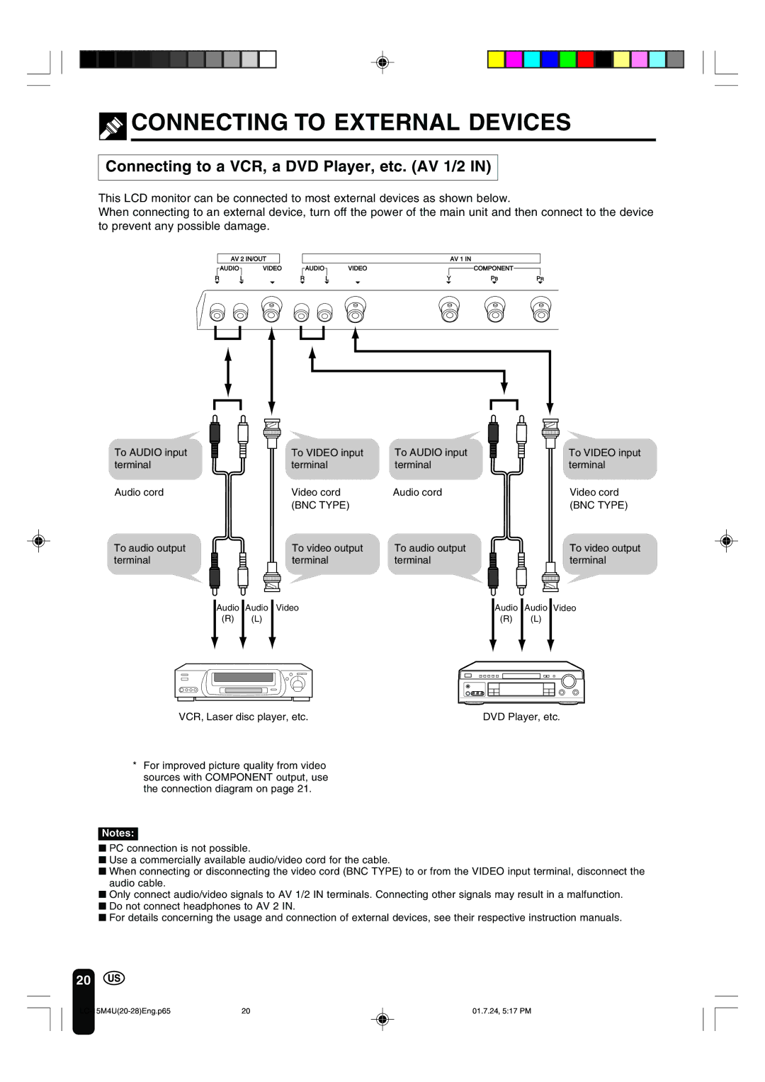 Sharp LC-15M4U operation manual Connecting to External Devices, Connecting to a VCR, a DVD Player, etc. AV 1/2 