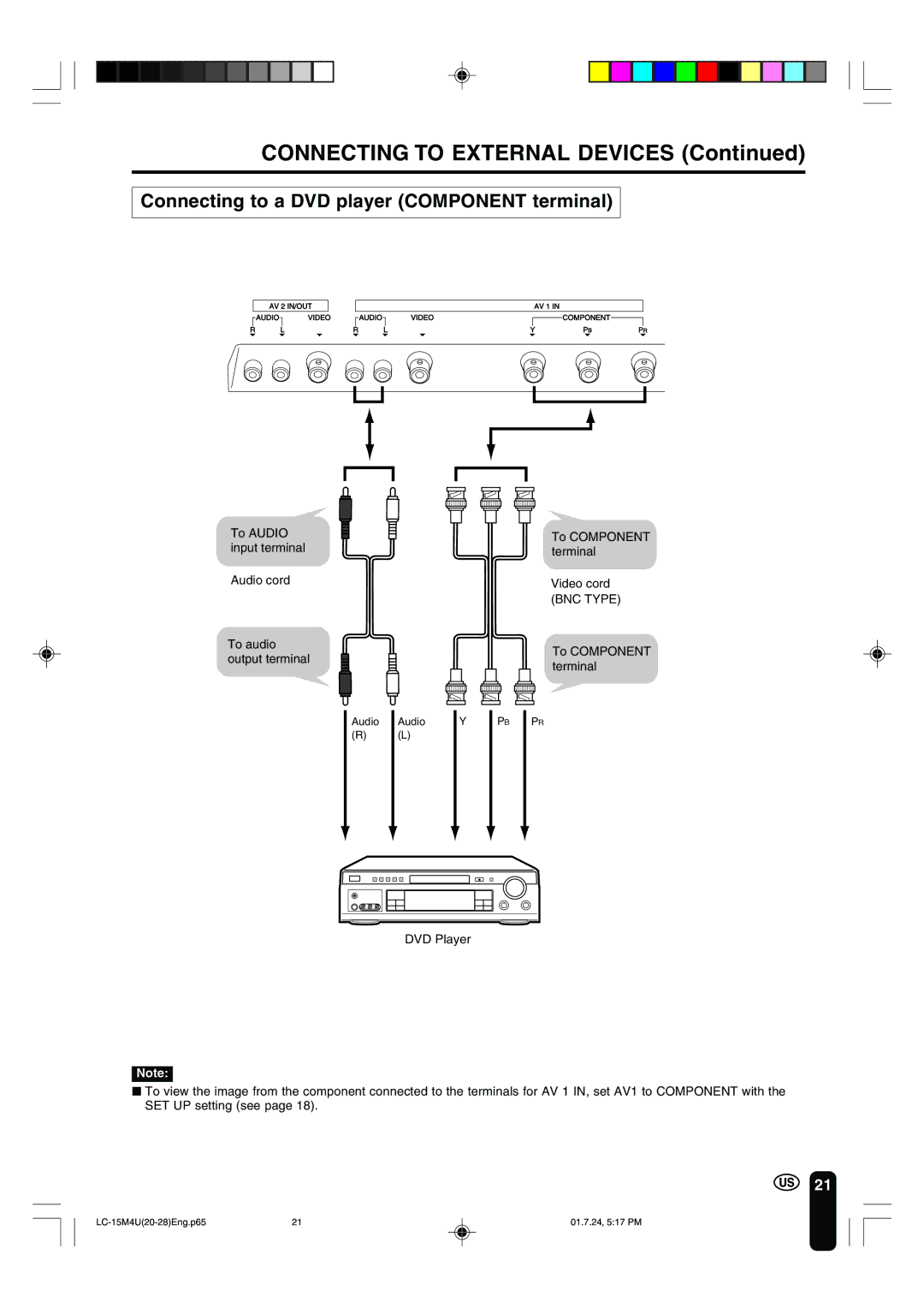 Sharp LC-15M4U operation manual Connecting to External Devices, Connecting to a DVD player Component terminal 