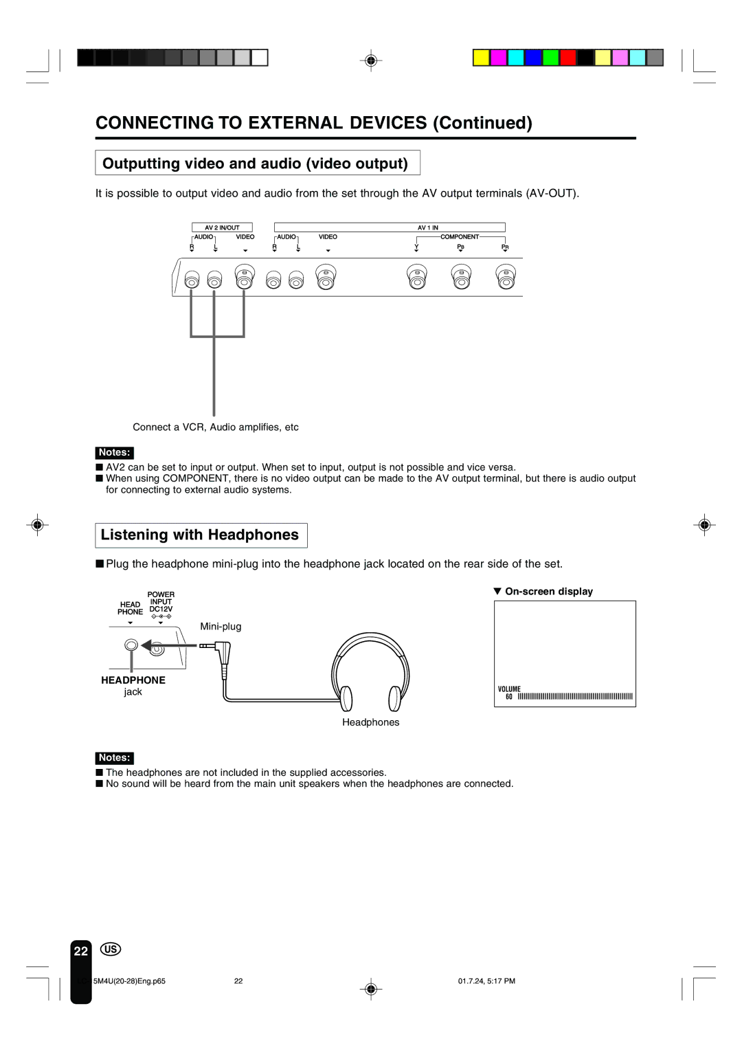 Sharp LC-15M4U operation manual Outputting video and audio video output, Listening with Headphones 