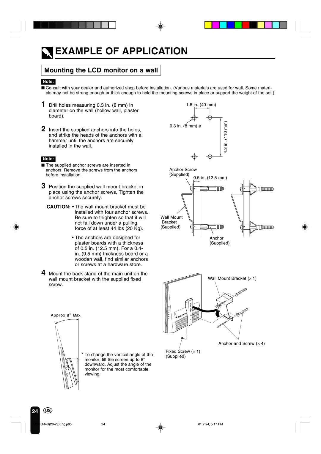 Sharp LC-15M4U operation manual Example of Application, Mounting the LCD monitor on a wall 