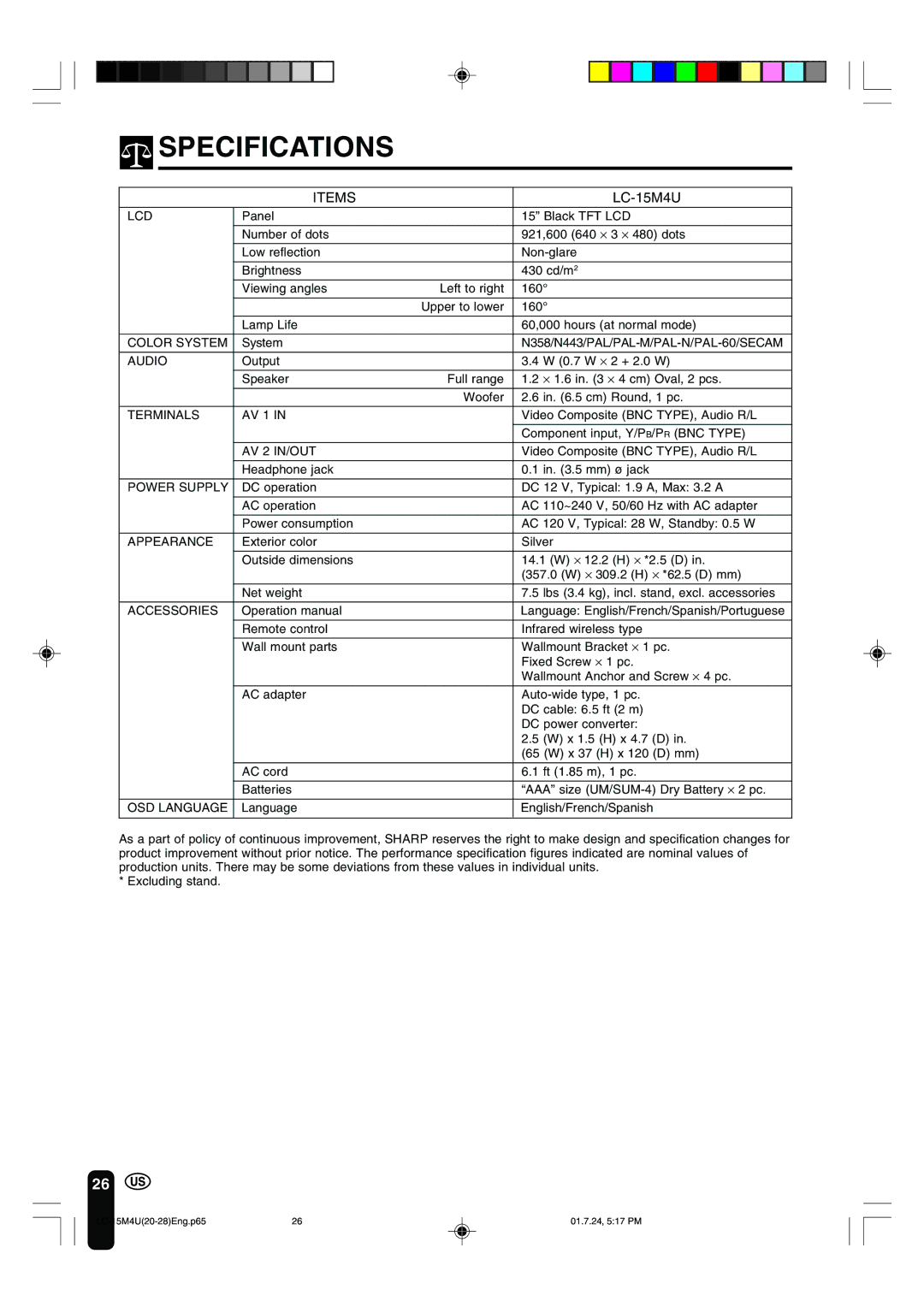 Sharp LC-15M4U operation manual Specifications, Items 