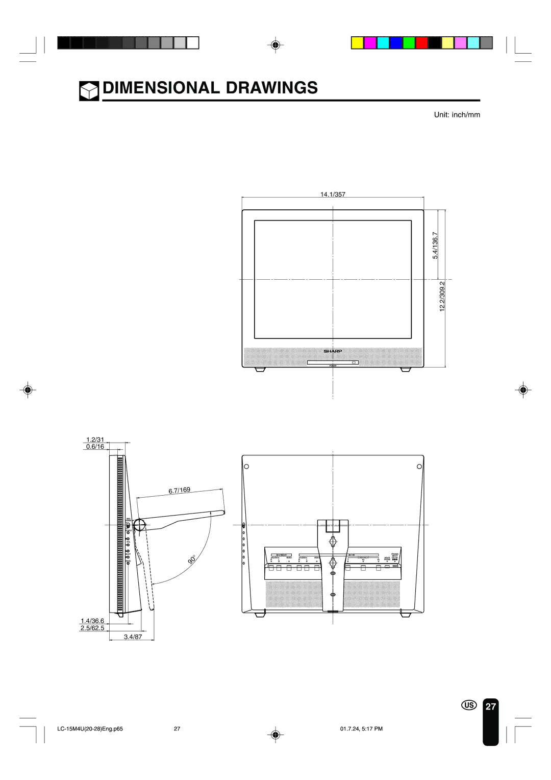 Sharp LC-15M4U operation manual Dimensional Drawings, Unit inch/mm 