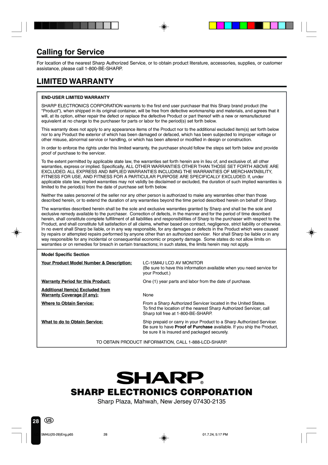 Sharp LC-15M4U operation manual Calling for Service, Limited Warranty 