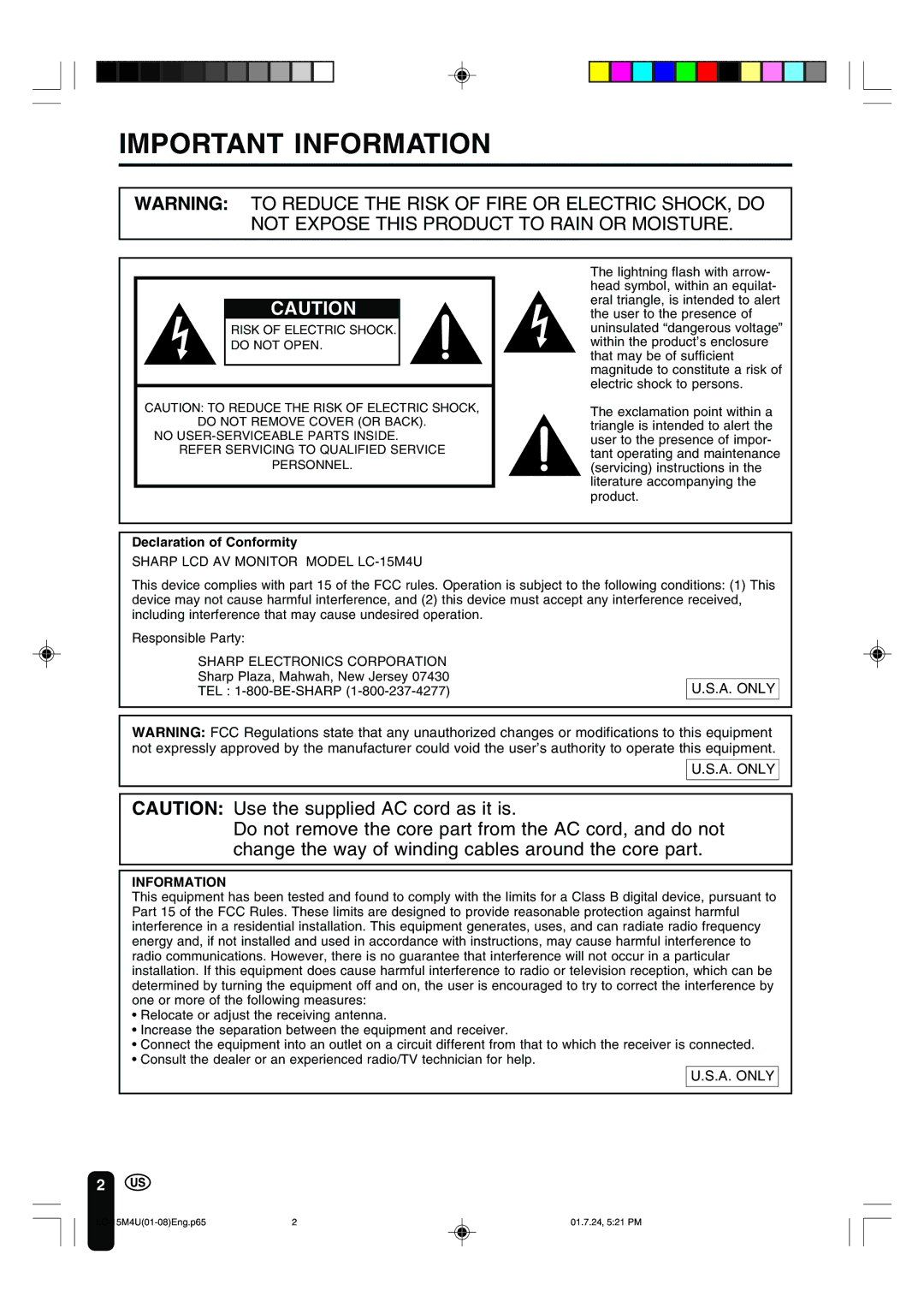 Sharp LC-15M4U operation manual Important Information, Declaration of Conformity 