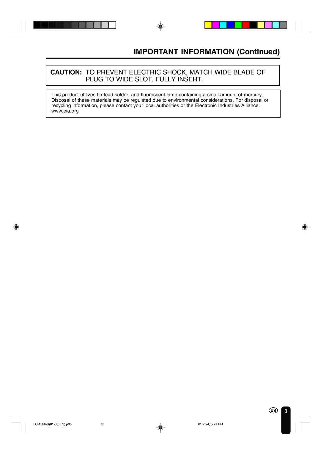 Sharp LC-15M4U operation manual Important Information 