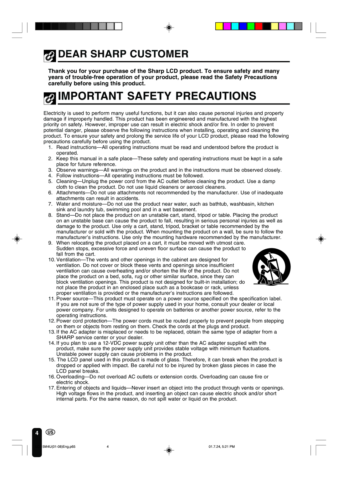 Sharp LC-15M4U operation manual Important Safety Precautions, Dear Sharp Customer 