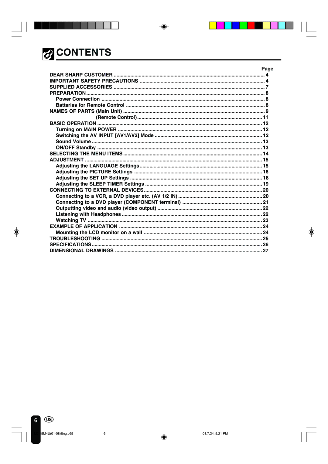 Sharp LC-15M4U operation manual Contents 