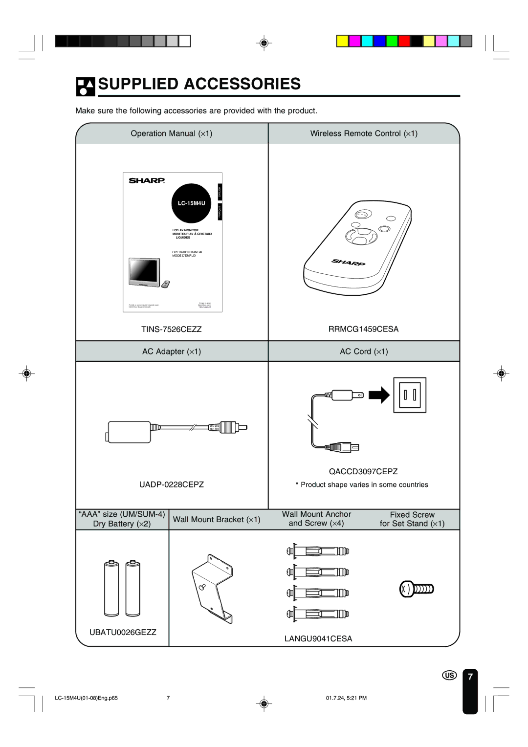 Sharp LC-15M4U operation manual Supplied Accessories, Wireless Remote Control ⋅1 