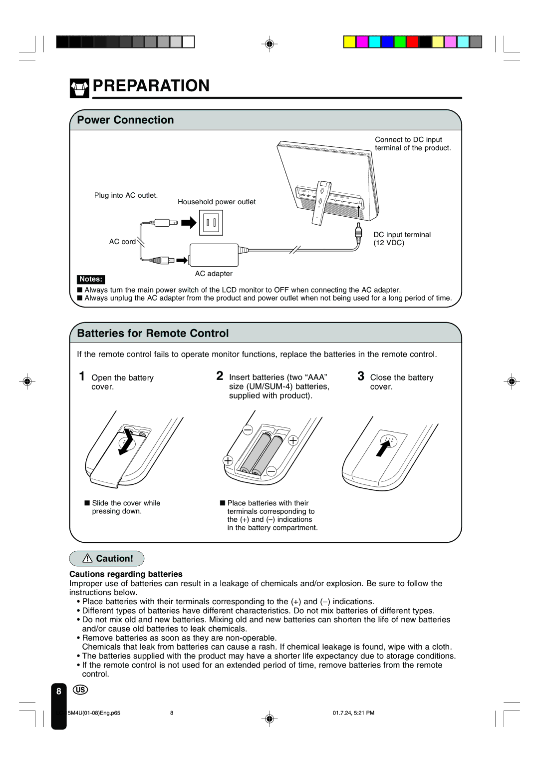 Sharp LC-15M4U operation manual Preparation, Power Connection, Batteries for Remote Control 