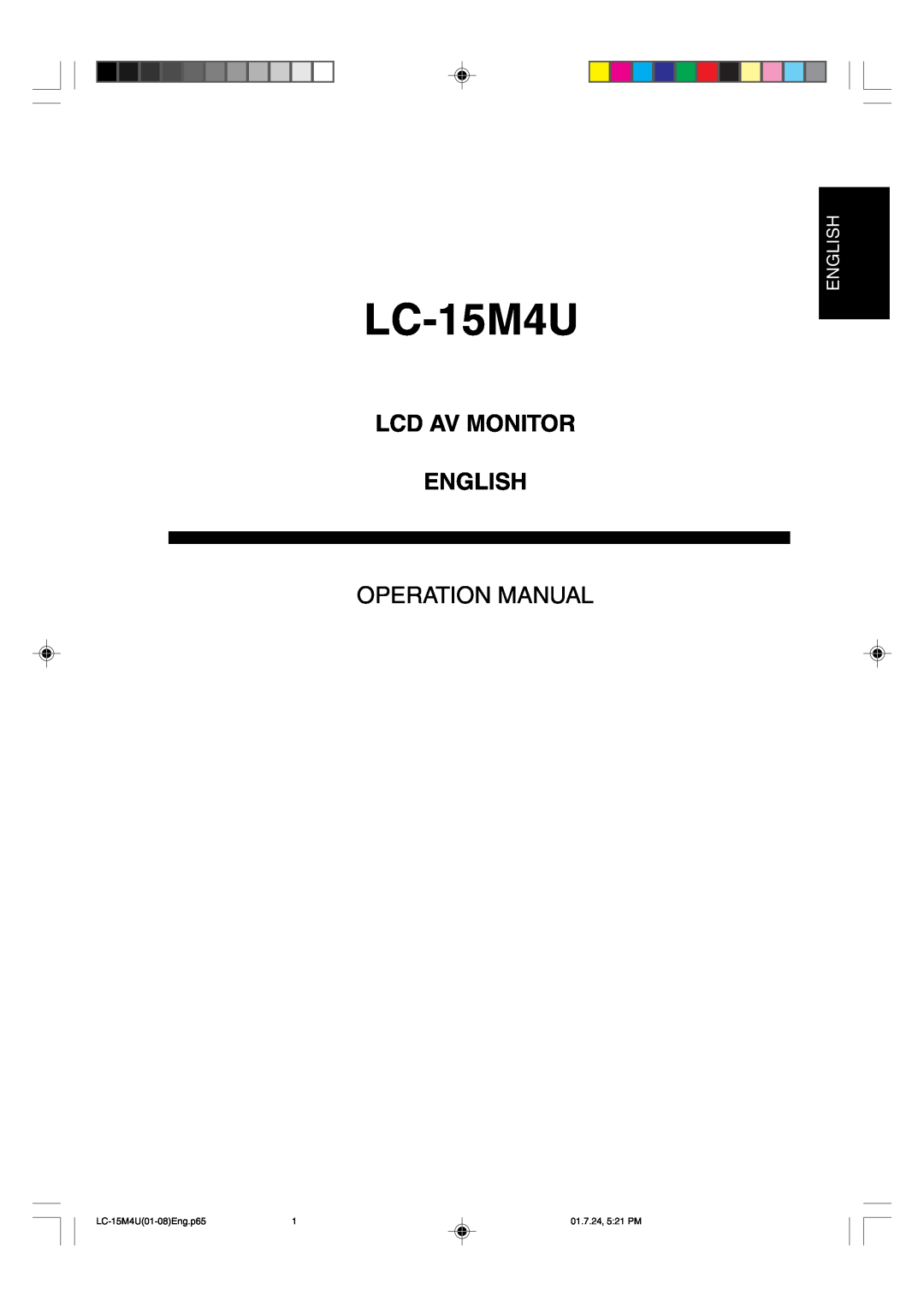 Sharp LC-15M4U operation manual Lcd Av Monitor English, Operation Manual 