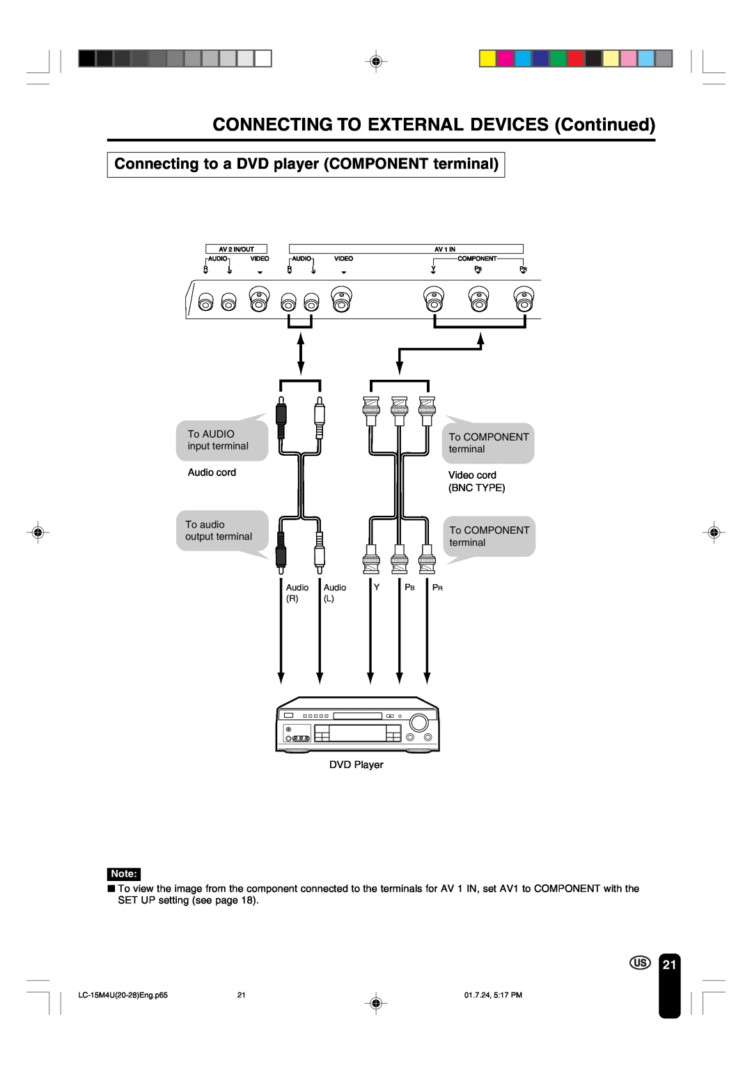 Sharp LC-15M4U operation manual CONNECTING TO EXTERNAL DEVICES Continued, Connecting to a DVD player COMPONENT terminal 