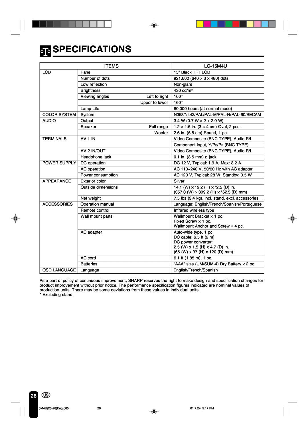 Sharp LC-15M4U operation manual Specifications, Items 