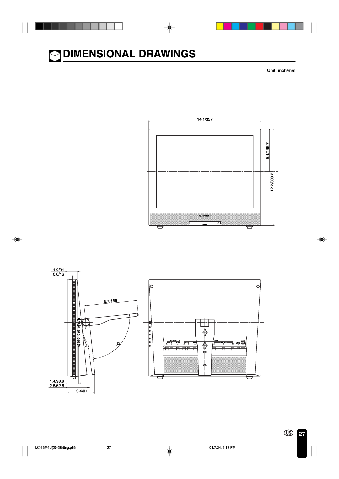 Sharp LC-15M4U operation manual Dimensional Drawings, Unit inch/mm 