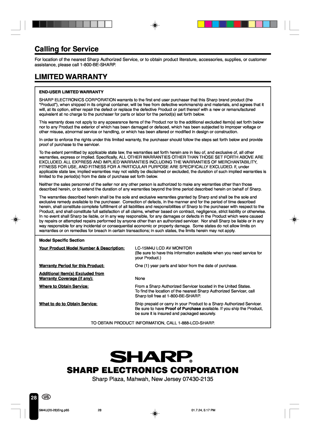 Sharp LC-15M4U Calling for Service, Limited Warranty, Sharp Electronics Corporation, Sharp Plaza, Mahwah, New Jersey 