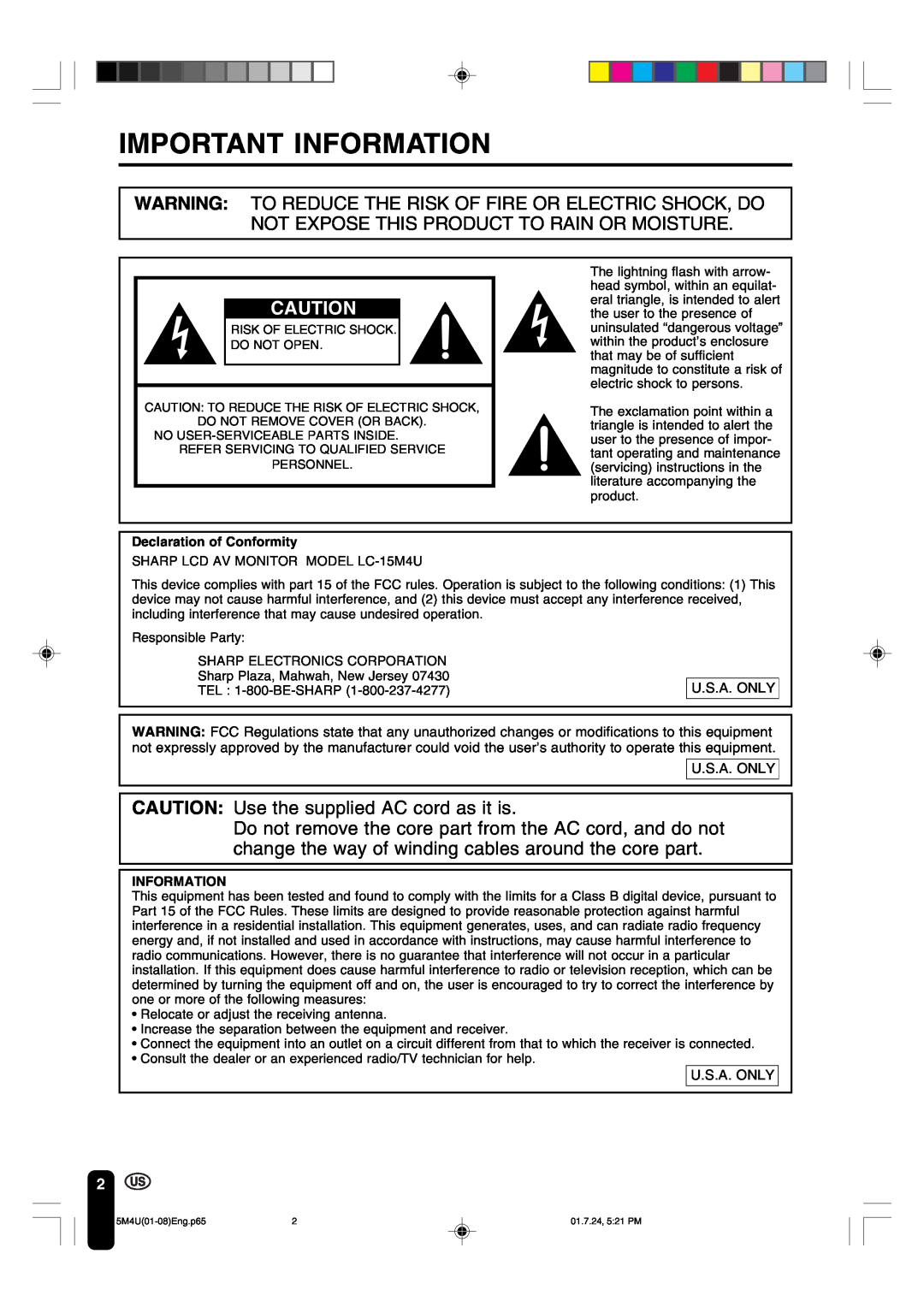 Sharp LC-15M4U operation manual Important Information 