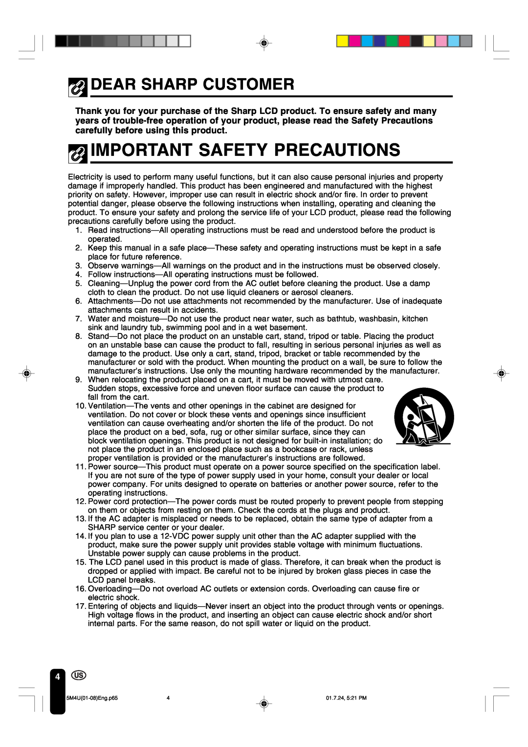 Sharp LC-15M4U operation manual Dear Sharp Customer, Important Safety Precautions 