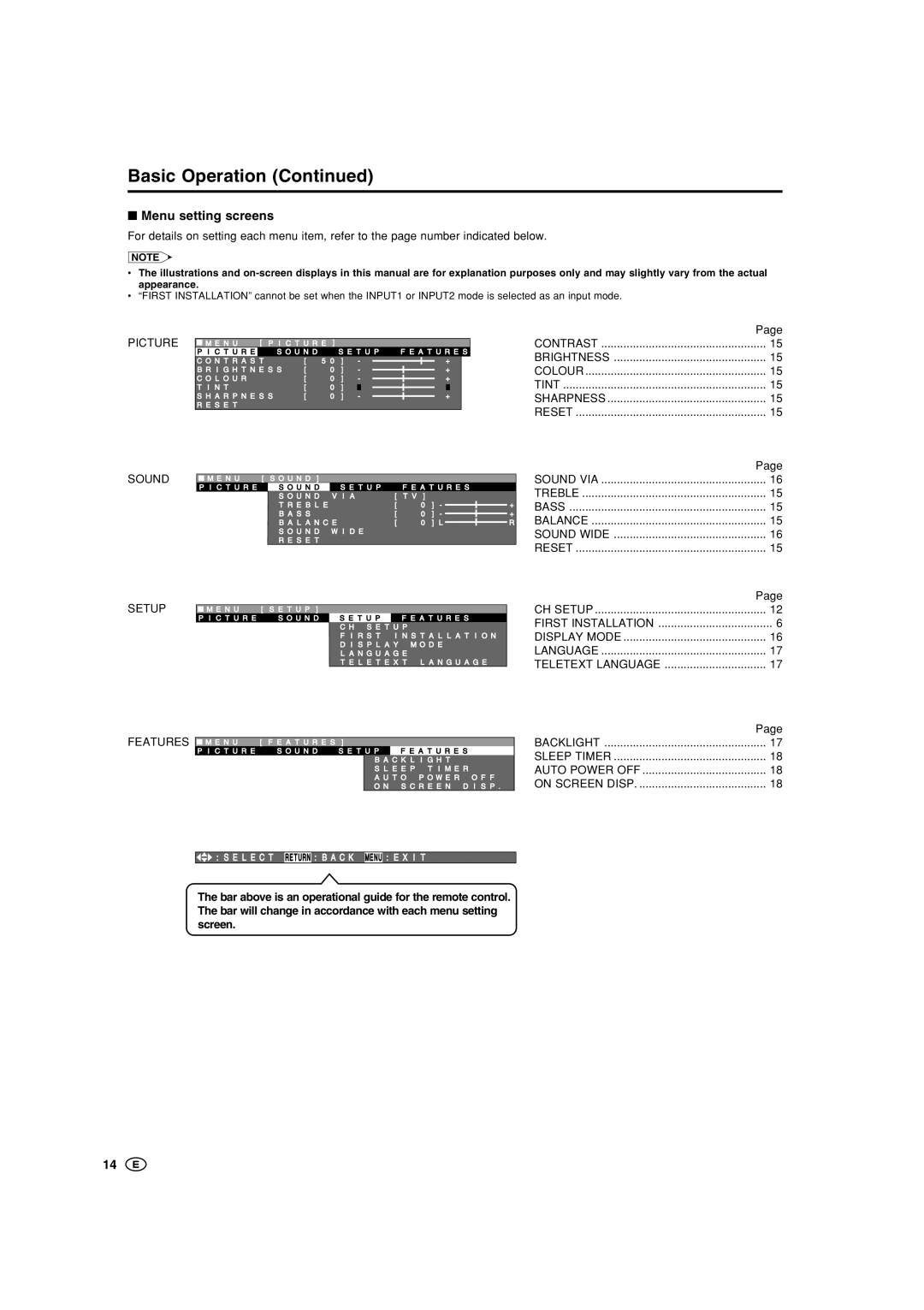 Sharp LC-15SH1X, LC-15SH1M, LC-20SH1M, LC-20SH1X operation manual Menu setting screens, Picture 