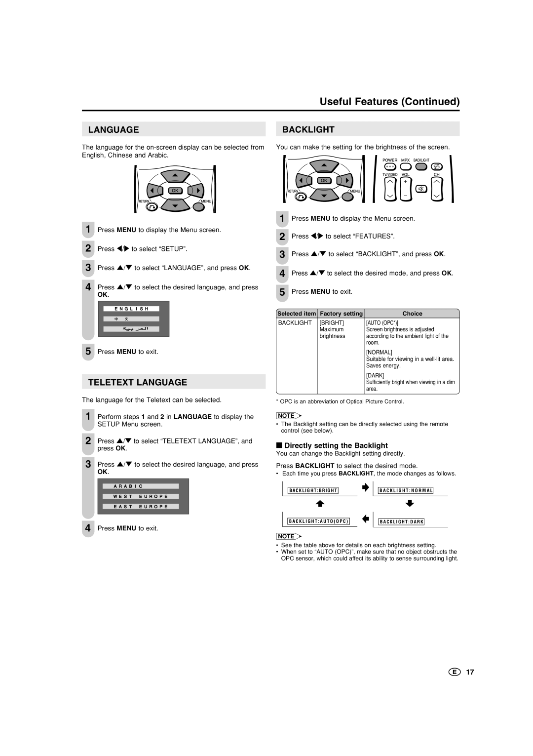 Sharp LC-20SH1X, LC-15SH1M, LC-20SH1M Directly setting the Backlight, Press / to select Òteletext LANGUAGEÓ, Press OK 