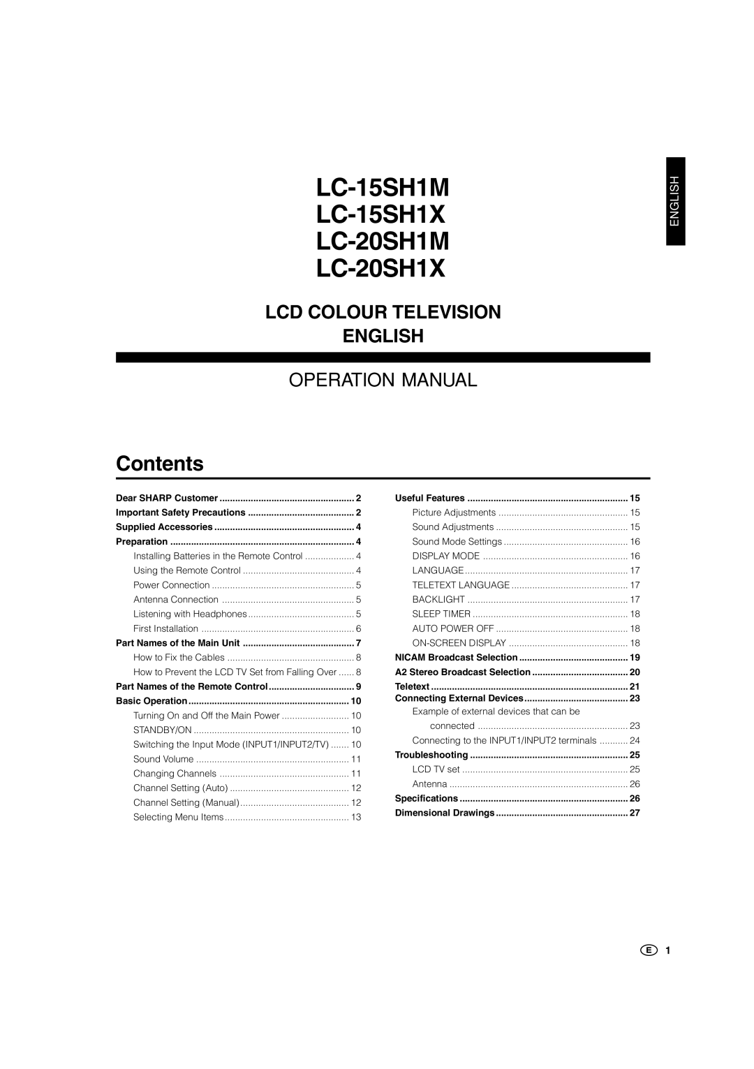 Sharp operation manual LC-15SH1M LC-15SH1X LC-20SH1M LC-20SH1X 