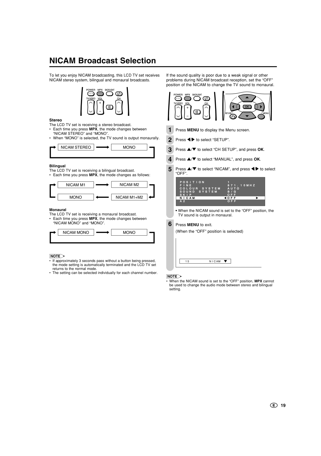 Sharp LC-15SH1M Nicam Broadcast Selection, Stereo, Press Menu to exit When the OFF position is selected, Bilingual 