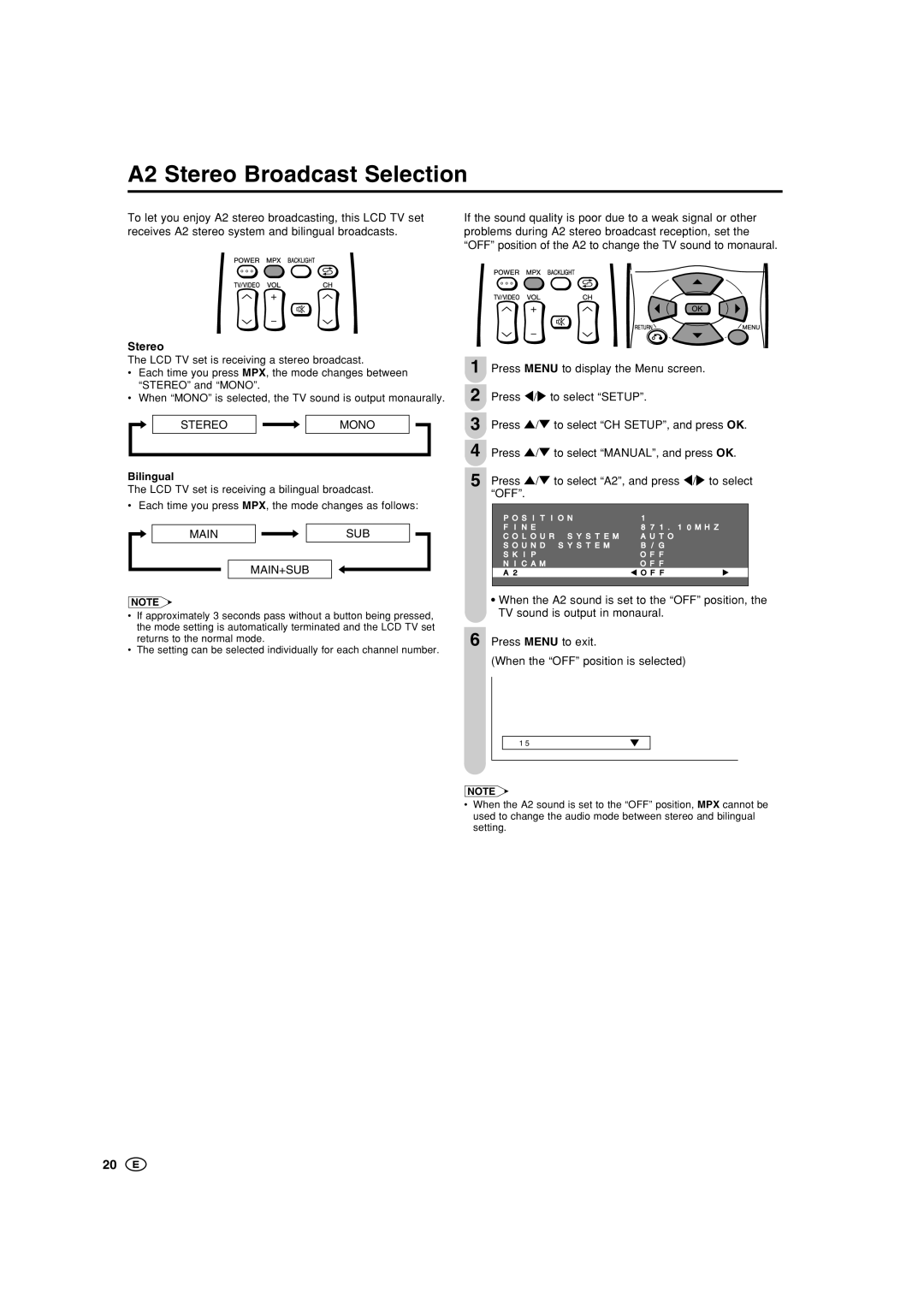 Sharp LC-20SH1M, LC-15SH1M, LC-20SH1X A2 Stereo Broadcast Selection, Press / to select ÒA2Ó, and press \/to select 