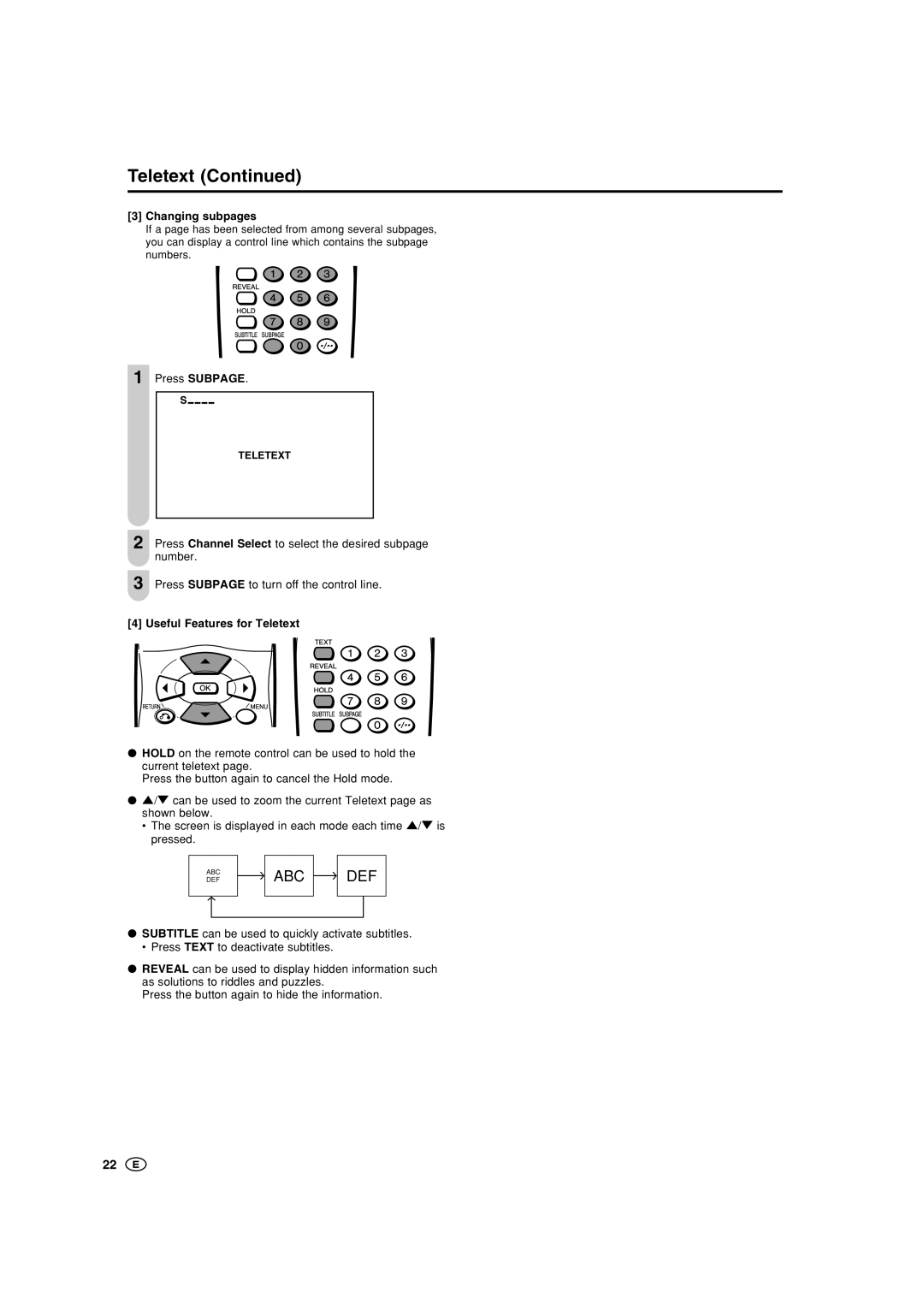 Sharp LC-15SH1X, LC-15SH1M, LC-20SH1M, LC-20SH1X Changing subpages, Press Subpage, Useful Features for Teletext 