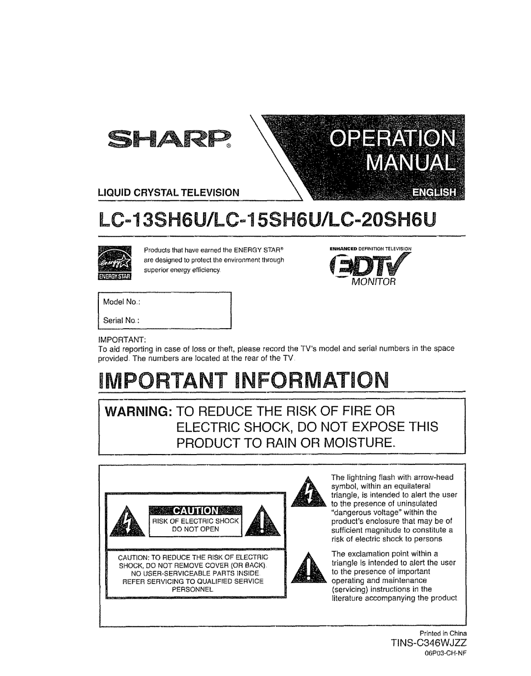 Sharp LC 13SH6U, LC 15SH6U, LC 20SH6U user service Sharr 