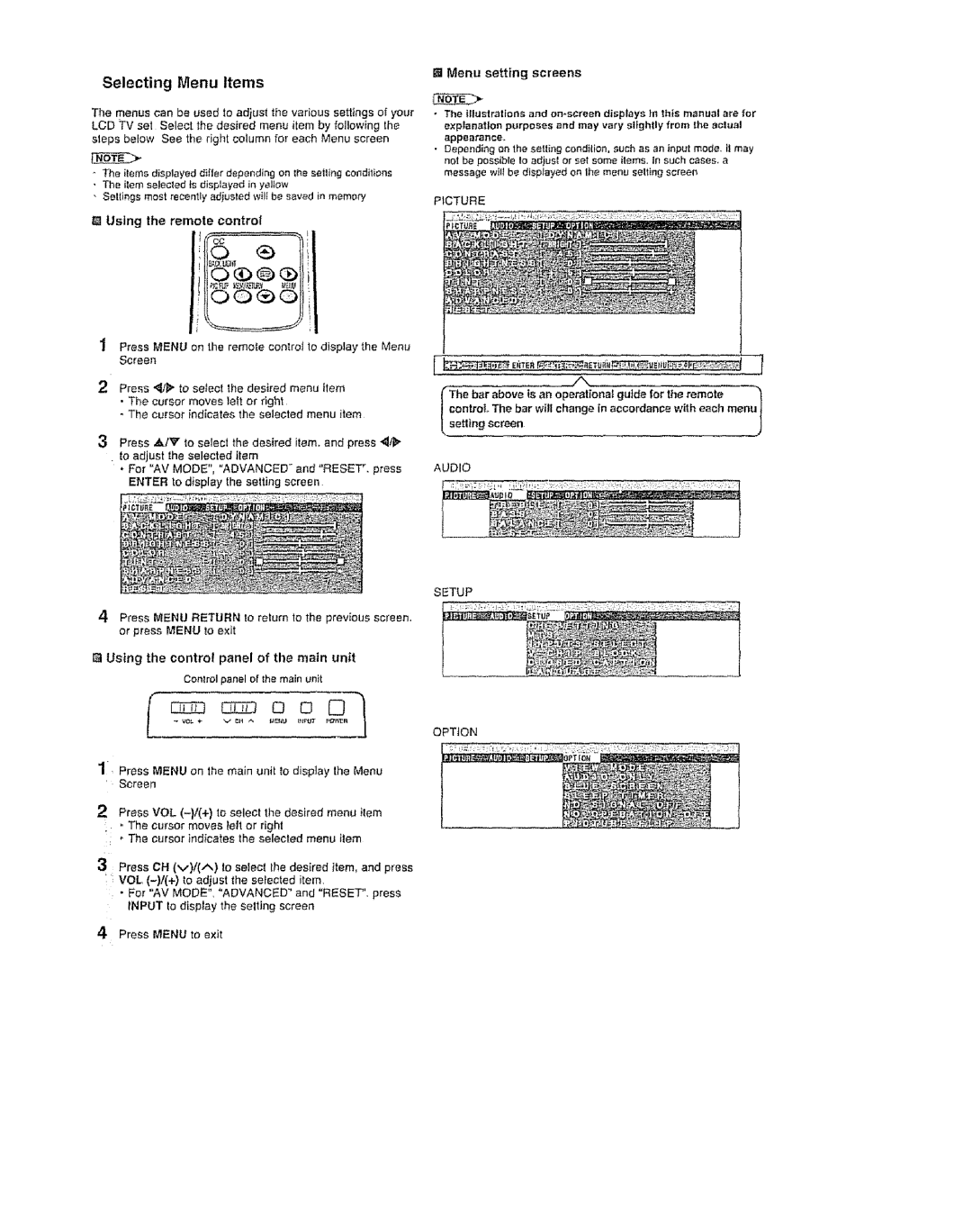 Sharp LC 20SH6U, LC 15SH6U, LC 13SH6U Selecting Menu Items, Using the control panel of the main unit, Press Menu to exit 