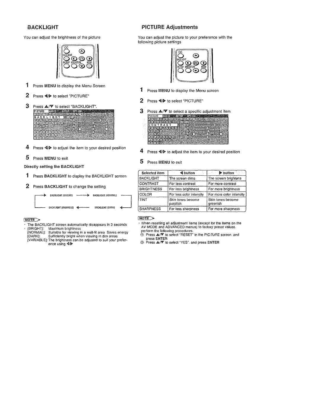 Sharp LC 13SH6U, LC 15SH6U, LC 20SH6U user service Backlight, Picture Adjustments 