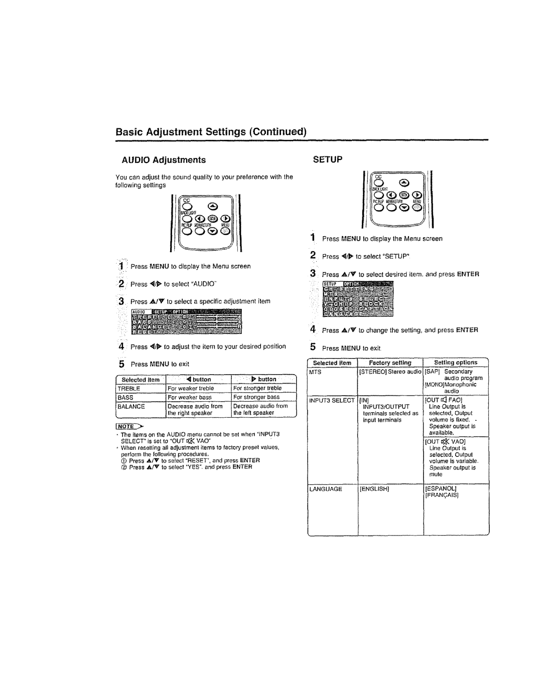 Sharp LC 20SH6U, LC 15SH6U, LC 13SH6U user service Audio Adjustments, Setup, OUTl FAO 