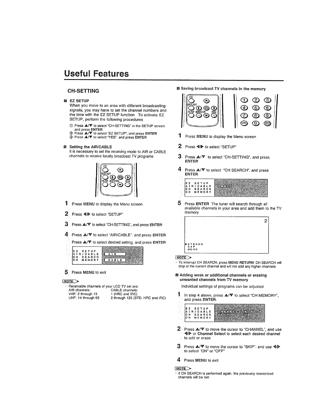 Sharp LC 15SH6U Useful Features, Ch-Setting, El Setting the AIR/CABLE, El Saving broadcast TV channels in the memory 