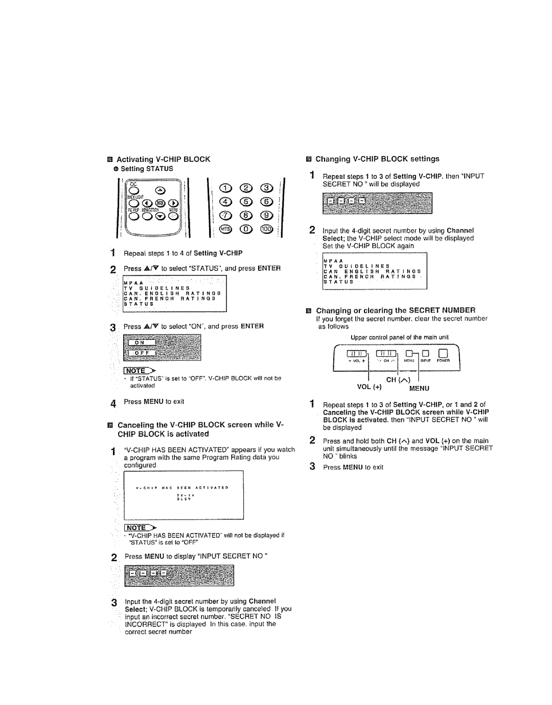 Sharp LC 13SH6U, LC 15SH6U CA,c,sSTATS FE.EeC. Rt,as, @ Setting Status, Repea steps I to 4 of Setting V-CHIP, Vol + 