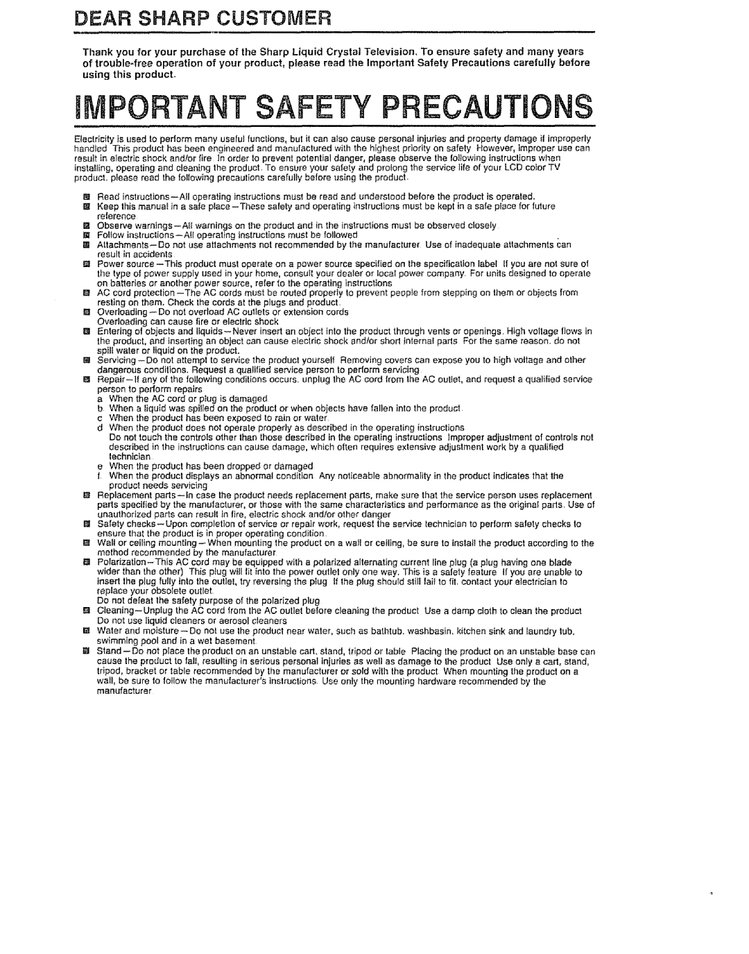 Sharp LC 15SH6U, LC 13SH6U, LC 20SH6U user service Portant Safety Precautions 