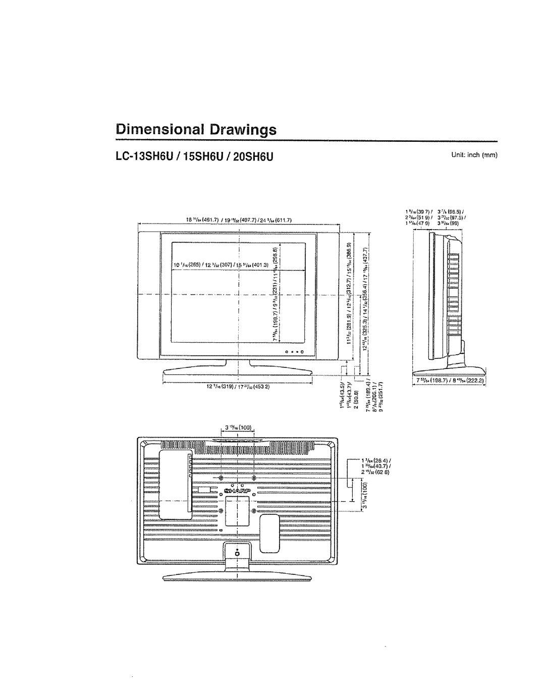 Sharp LC 15SH6U, LC 13SH6U, LC 20SH6U user service Dimensional Drawings, LC-13SH6U /15SH6U /20SH6U 