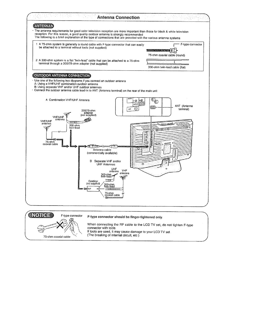 Sharp LC 15SH6U, LC 13SH6U NlennaConnection, Type connector should be finger-tightened only, Terminal, Dhm coaxial cane 