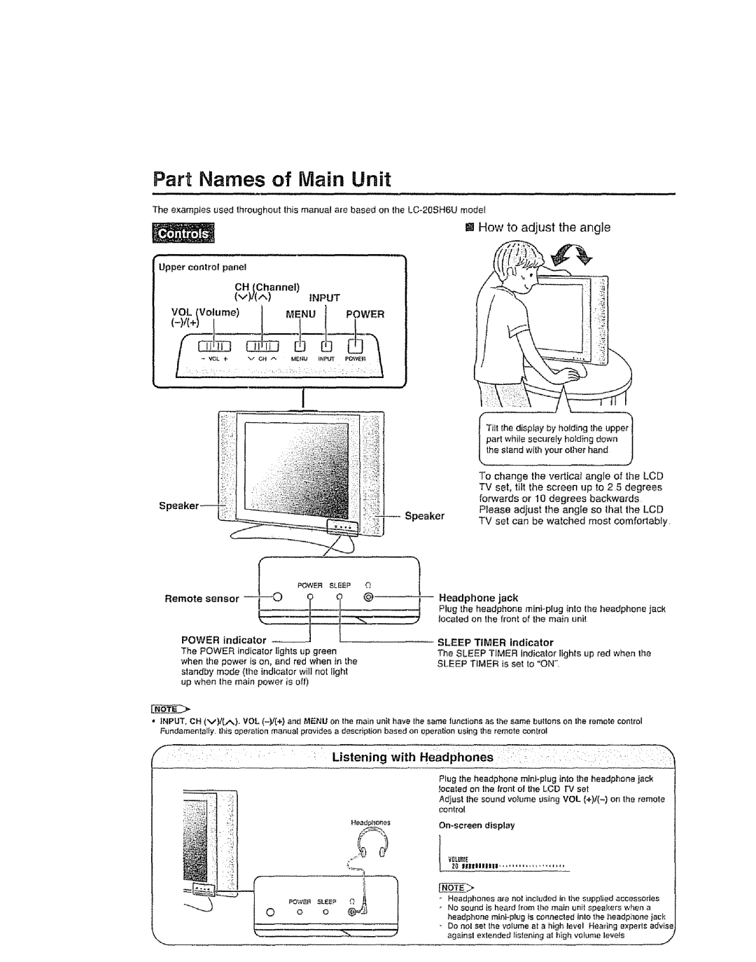 Sharp LC 20SH6U, LC 15SH6U, LC 13SH6U user service Listening with HeadphOnes, Upper control pane, Power indicator 
