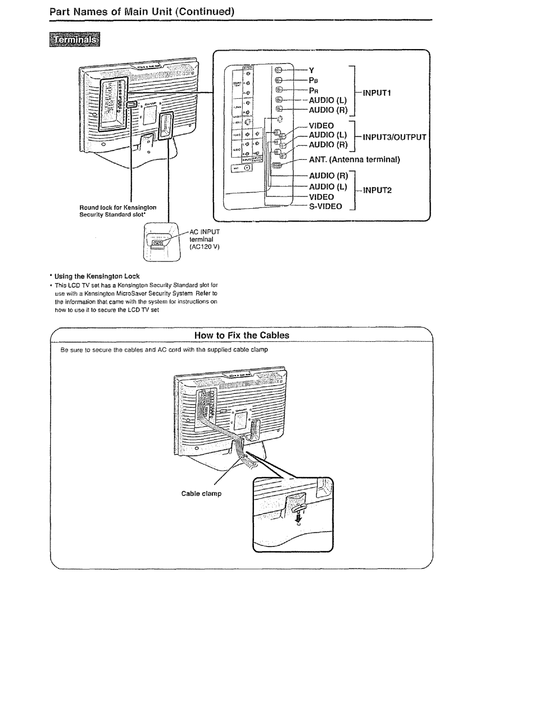 Sharp LC 15SH6U, LC 13SH6U, LC 20SH6U Part Names of Main Unit, How to Fix the Cables, Terminal, Using the Kensington Lock 