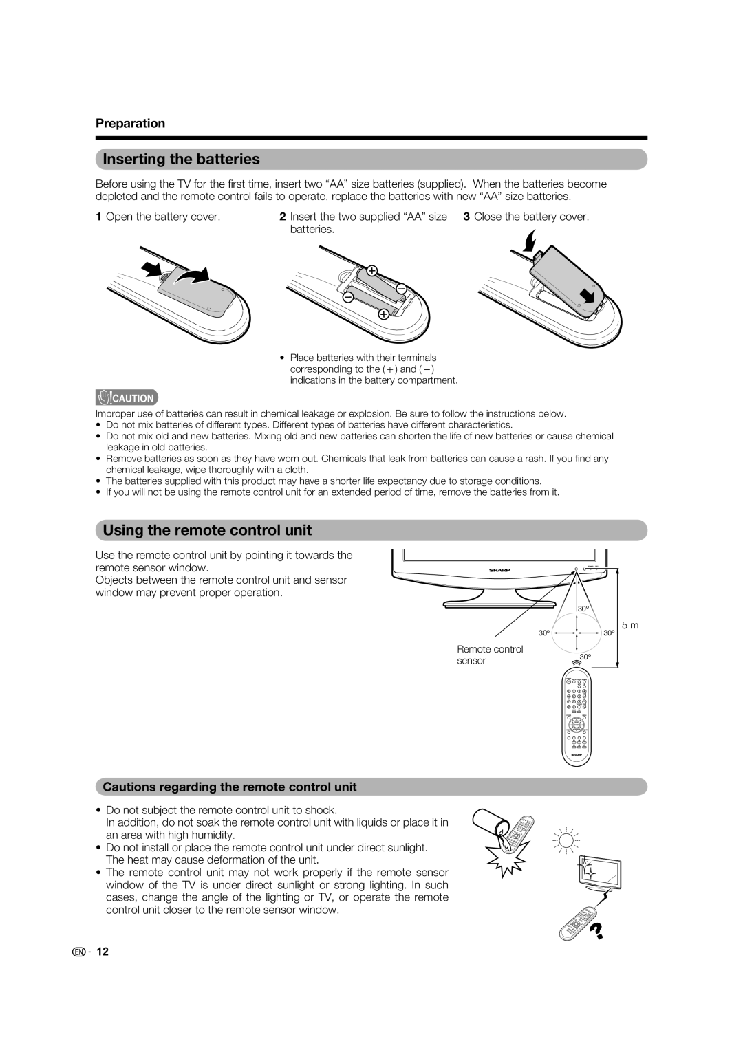 Sharp LC-19A33X-WH, LC-19A33X-BK operation manual Inserting the batteries, Using the remote control unit 