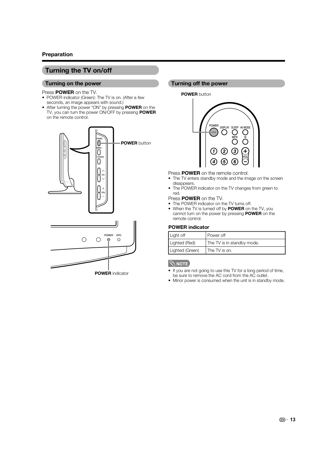 Sharp LC-19A33X-BK, LC-19A33X-WH Turning the TV on/off, Turning on the power, Turning off the power, Power indicator 