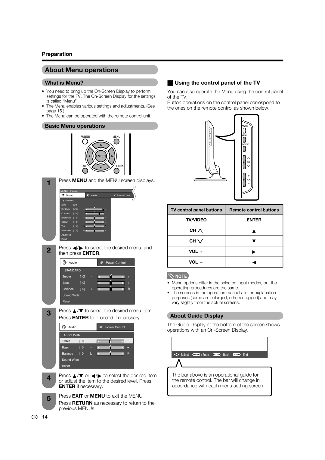 Sharp LC-19A33X-WH About Menu operations, What is Menu? WUsing the control panel of the TV, Basic Menu operations 