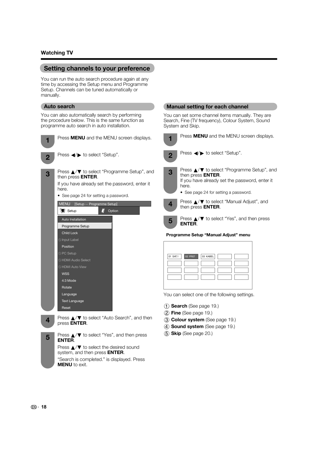 Sharp LC-19A33X-WH Setting channels to your preference, Auto search, Manual setting for each channel, Skip See 