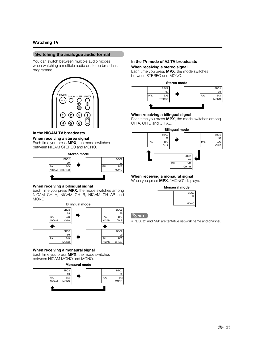 Sharp LC-19A33X-BK, LC-19A33X-WH Watching TV Switching the analogue audio format, When receiving a bilingual signal 