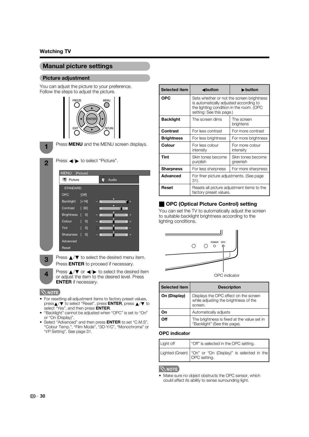 Sharp LC-19A33X-WH, LC-19A33X-BK operation manual Manual picture settings, Picture adjustment, OPC indicator 