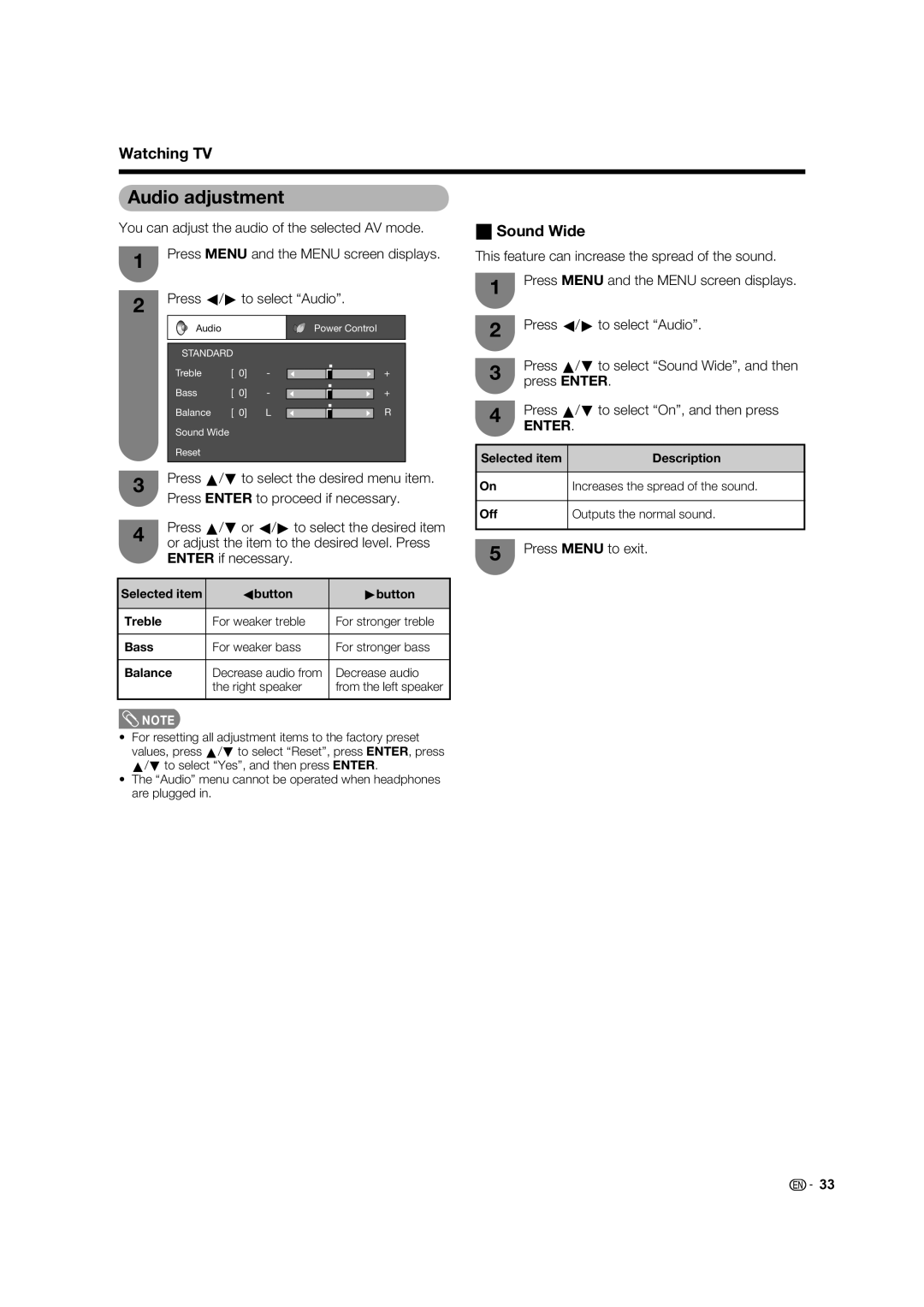 Sharp LC-19A33X-BK, LC-19A33X-WH operation manual Audio adjustment, Sound Wide, Press Menu to exit 