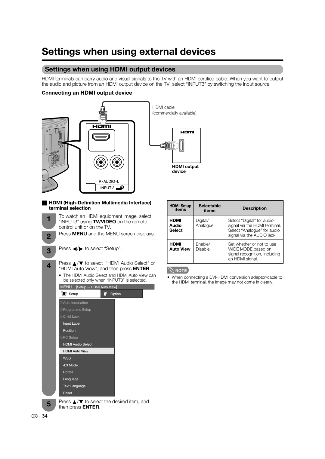 Sharp LC-19A33X-WH, LC-19A33X-BK Settings when using external devices, Settings when using Hdmi output devices 