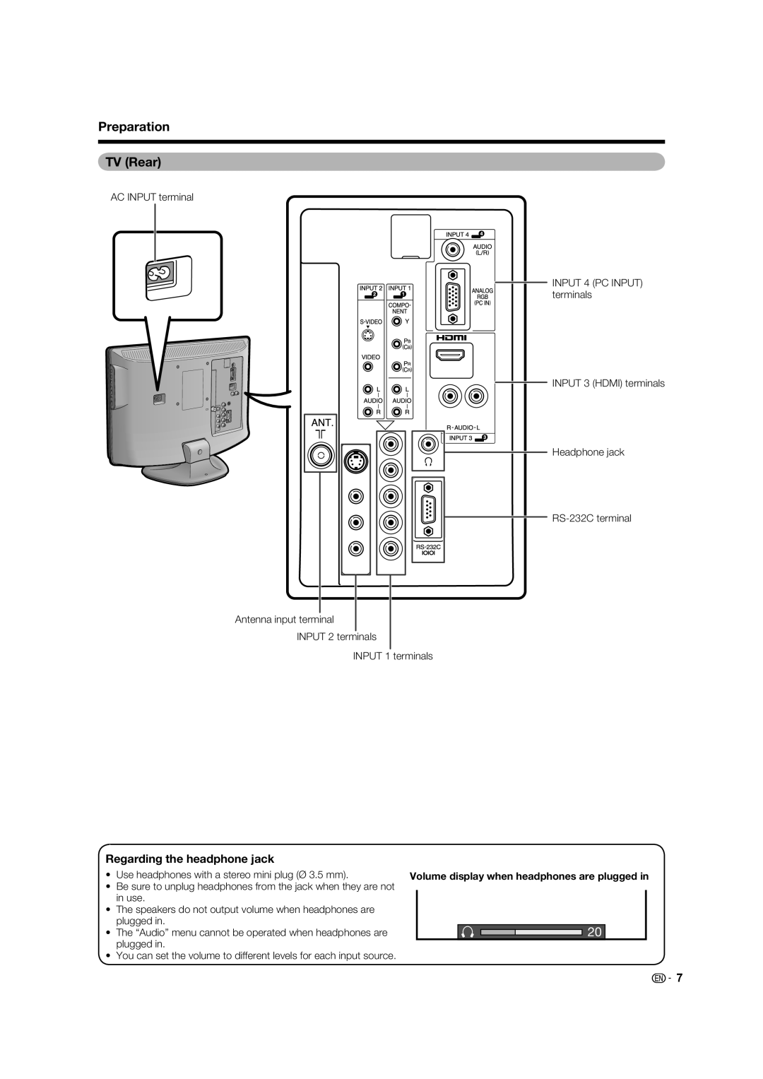 Sharp LC-19A33X-BK Preparation TV Rear, Regarding the headphone jack, Volume display when headphones are plugged 