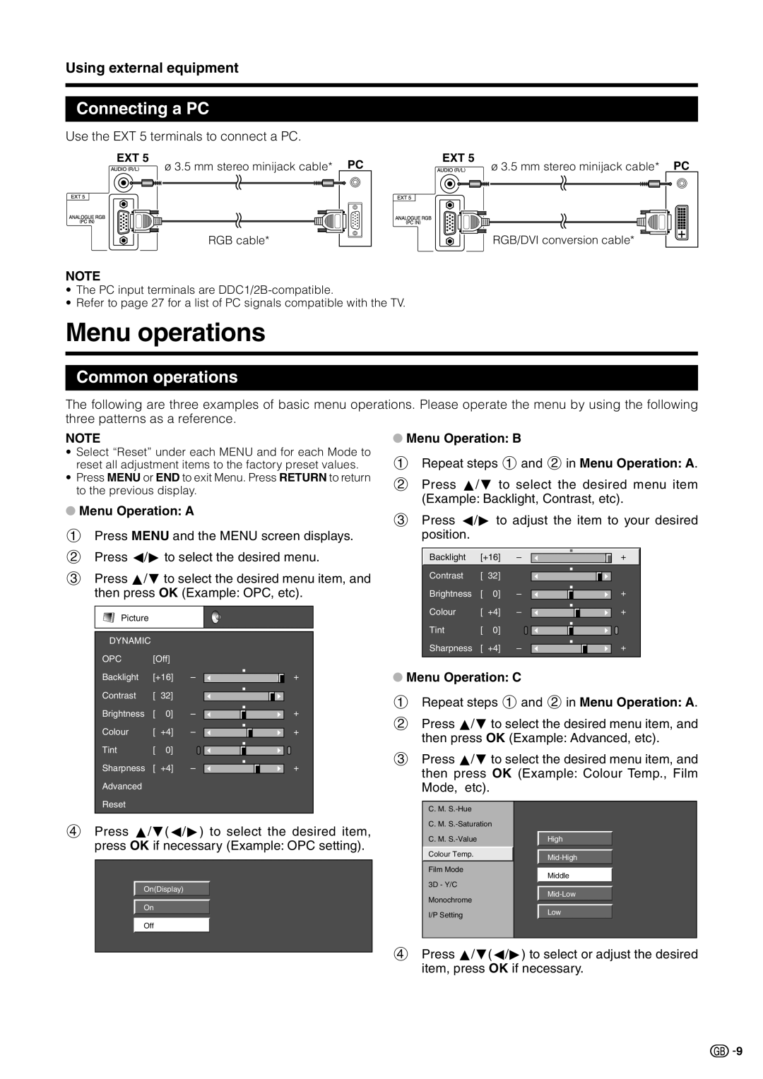 Sharp LC-19D1E, LC-19D1S operation manual Menu operations, Connecting a PC, Common operations, Using external equipment 